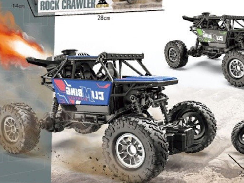 Remote-controlled, rechargeable and smoke-producing off-road car toy
