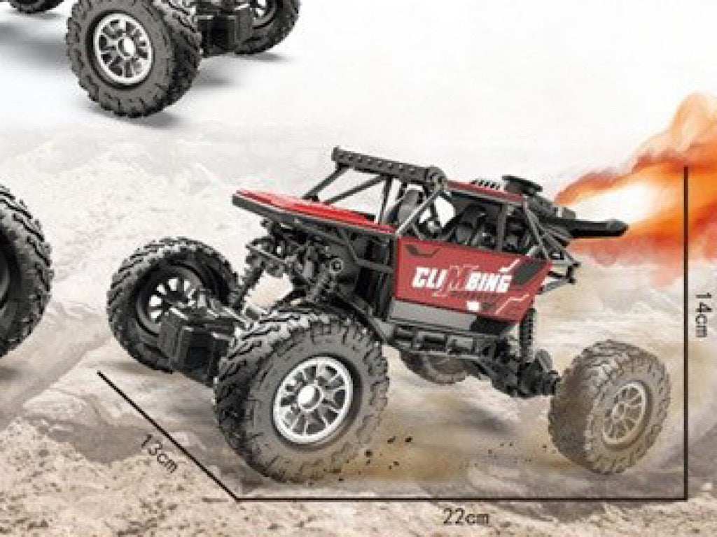 Remote-controlled, rechargeable and smoke-producing off-road car toy