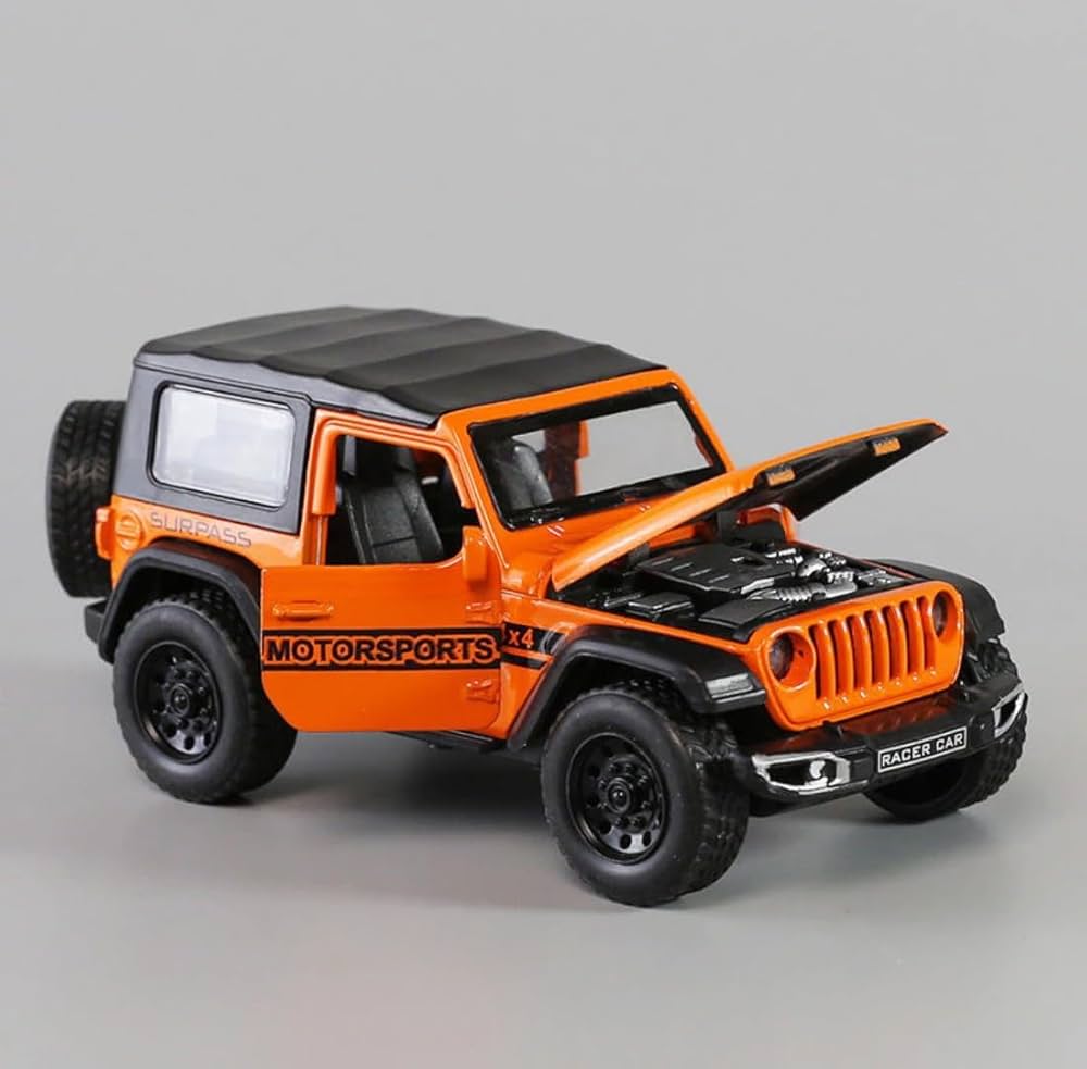 1:24 Die Cast Off-Road SUV Toy Car | Pull Back Metal Jeep Model with Lights, Sound & Opening Doors (Orange)