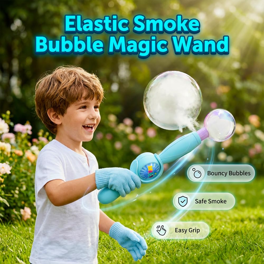Elastic Smoke Bubble Wand – Magic Smoke Bubble Machine with Fog Bubbles, Gloves & Bubble Solution