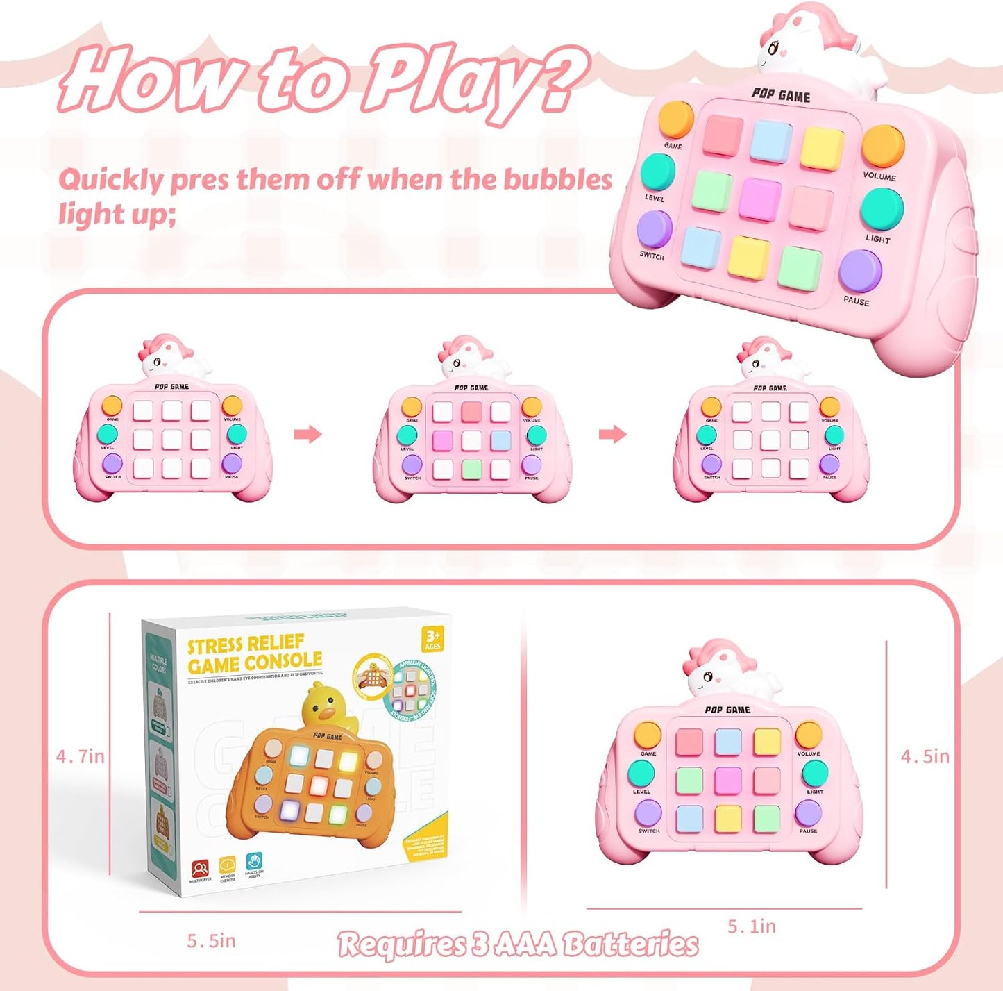 Fast Push Pop Game Console – Pink Dinosaur Light-Up Fidget Toy with 6 Game Modes for Kids