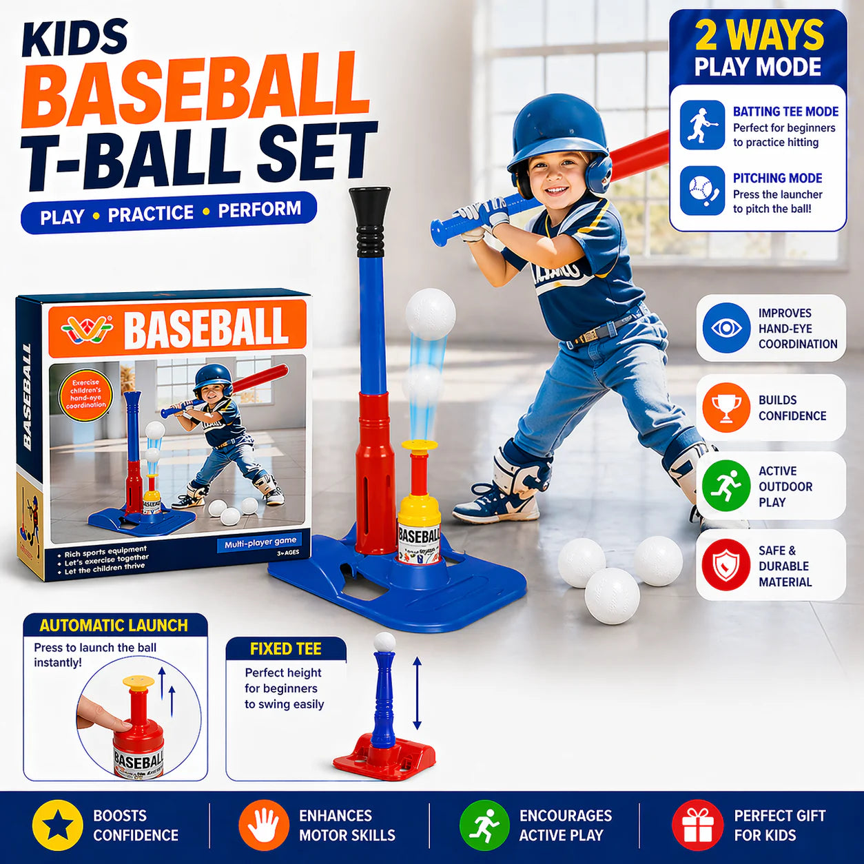 2-in-1 Kids Baseball T-Ball Set with Automatic Ball Launcher, Bat & 6 Balls