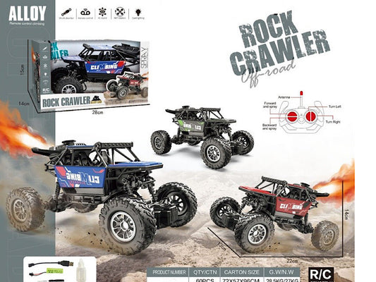 Remote-controlled, rechargeable and smoke-producing off-road car toy