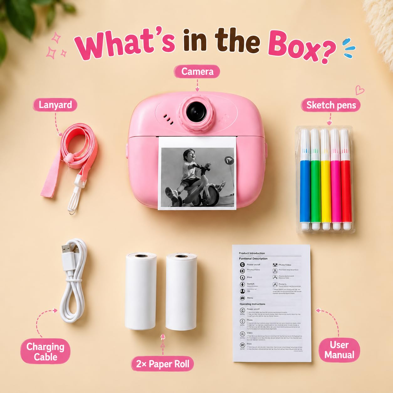 Pink Kids Instant Print Camera with Thermal Printing | 1080P HD Digital Camera for Kids with Selfie Camera, 2 Paper Rolls & Colour Pens