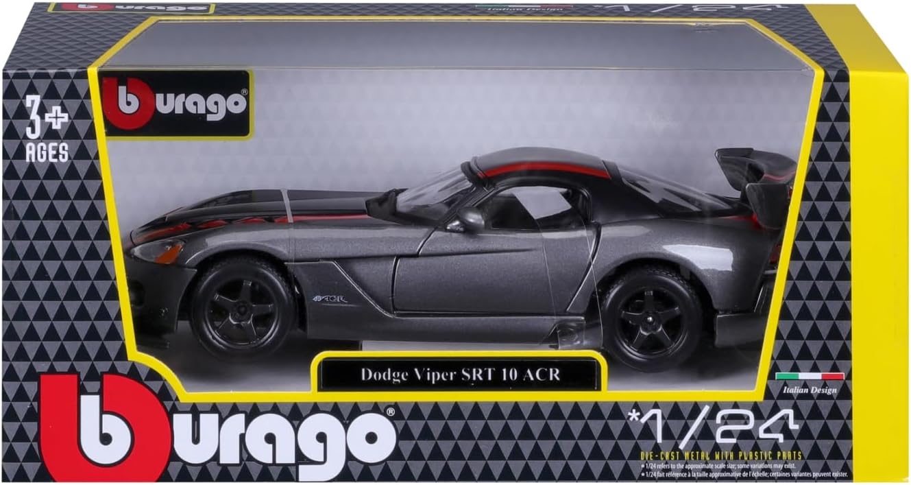 Official Licensed Dodge Viper SRT-10 ACR 1:24 Die-Cast Model Car by Bburago – Gray with Red Stripes