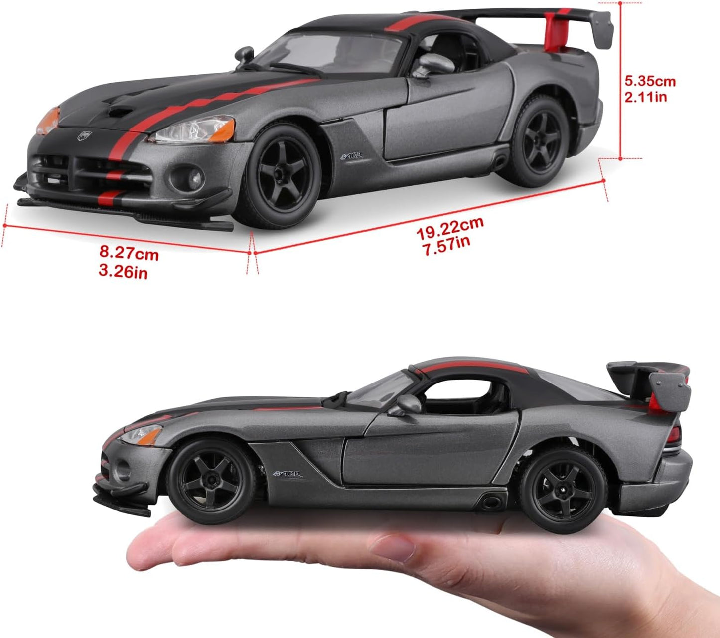 Official Licensed Dodge Viper SRT-10 ACR 1:24 Die-Cast Model Car by Bburago – Gray with Red Stripes