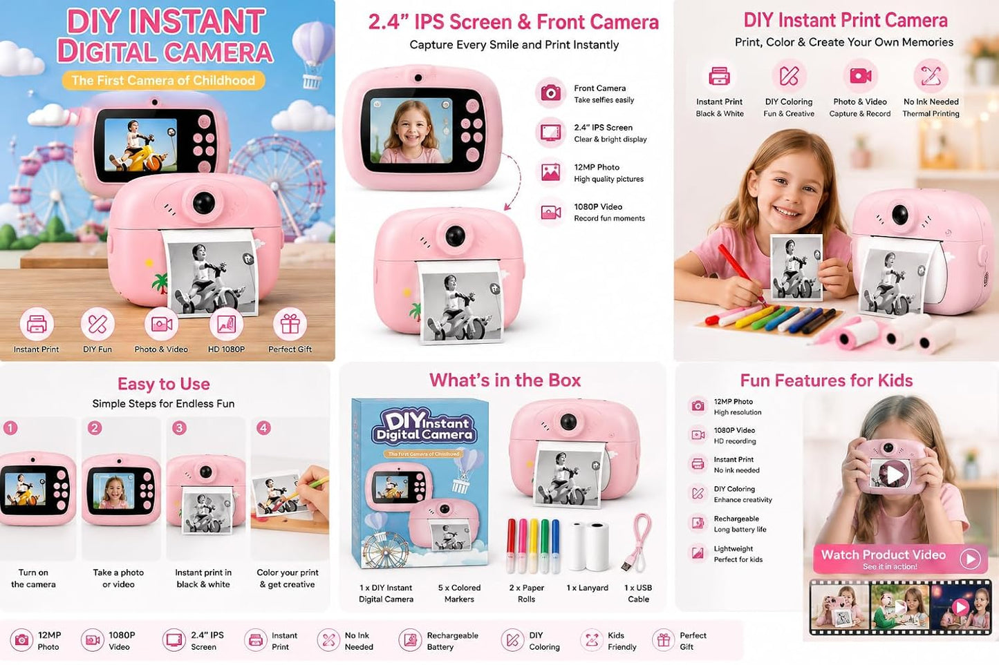 Pink Kids Instant Print Camera with Thermal Printing | 1080P HD Digital Camera for Kids with Selfie Camera, 2 Paper Rolls & Colour Pens