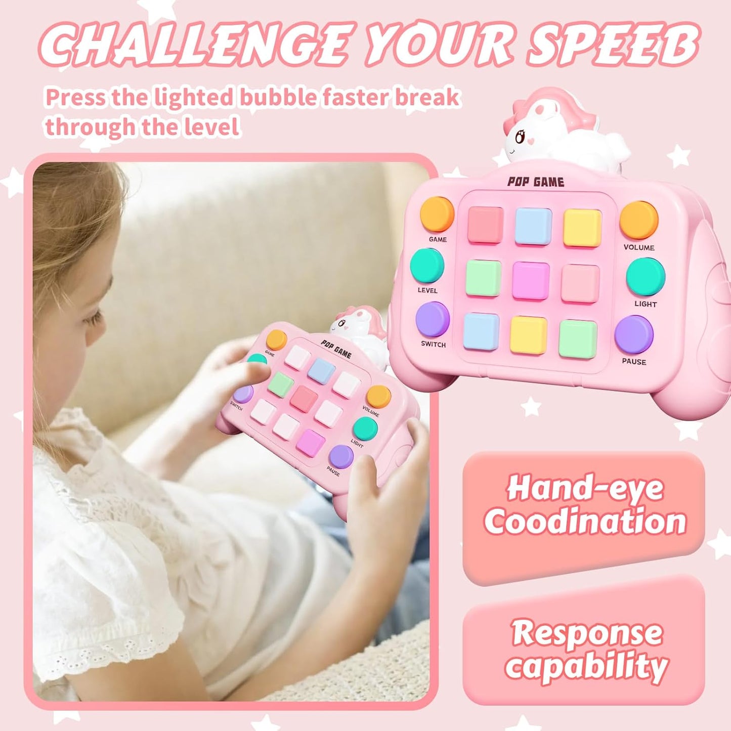 Fast Push Pop Game Console – Pink Dinosaur Light-Up Fidget Toy with 6 Game Modes for Kids