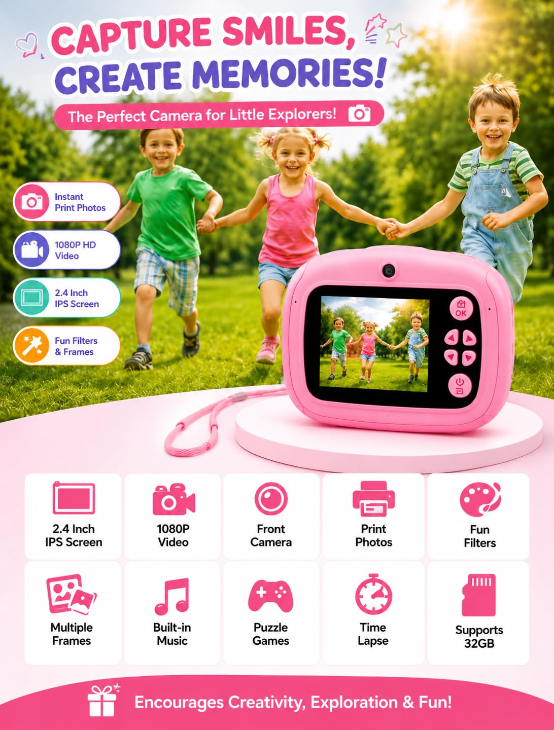Pink Kids Instant Print Camera with Thermal Printing | 1080P HD Digital Camera for Kids with Selfie Camera, 2 Paper Rolls & Colour Pens