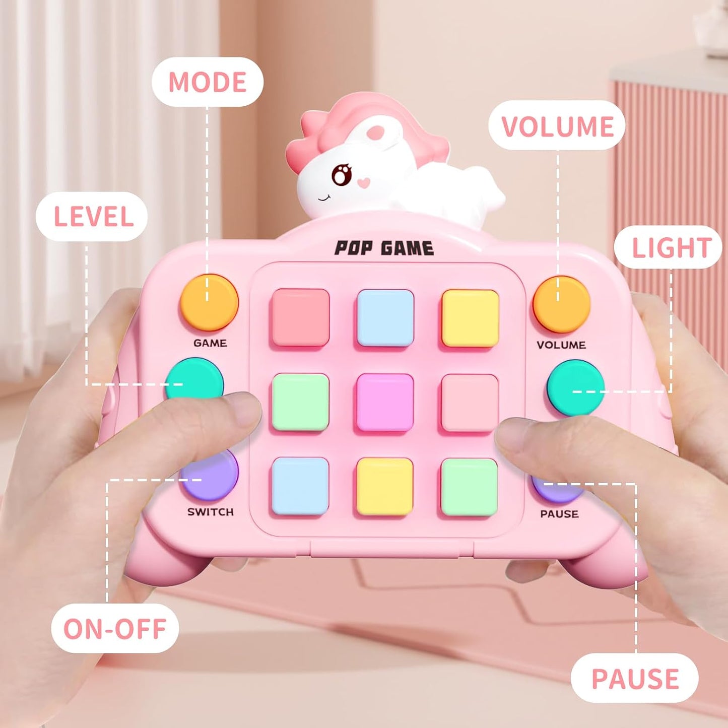 Fast Push Pop Game Console – Pink Dinosaur Light-Up Fidget Toy with 6 Game Modes for Kids