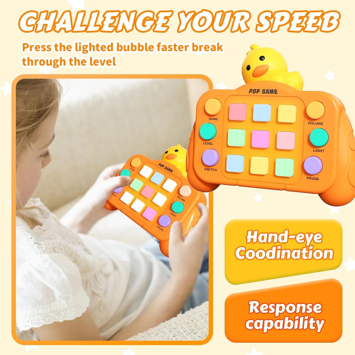 Fast Push Pop Game Console – Handheld Light-Up Fidget Toy with 6 Modes for Kids
