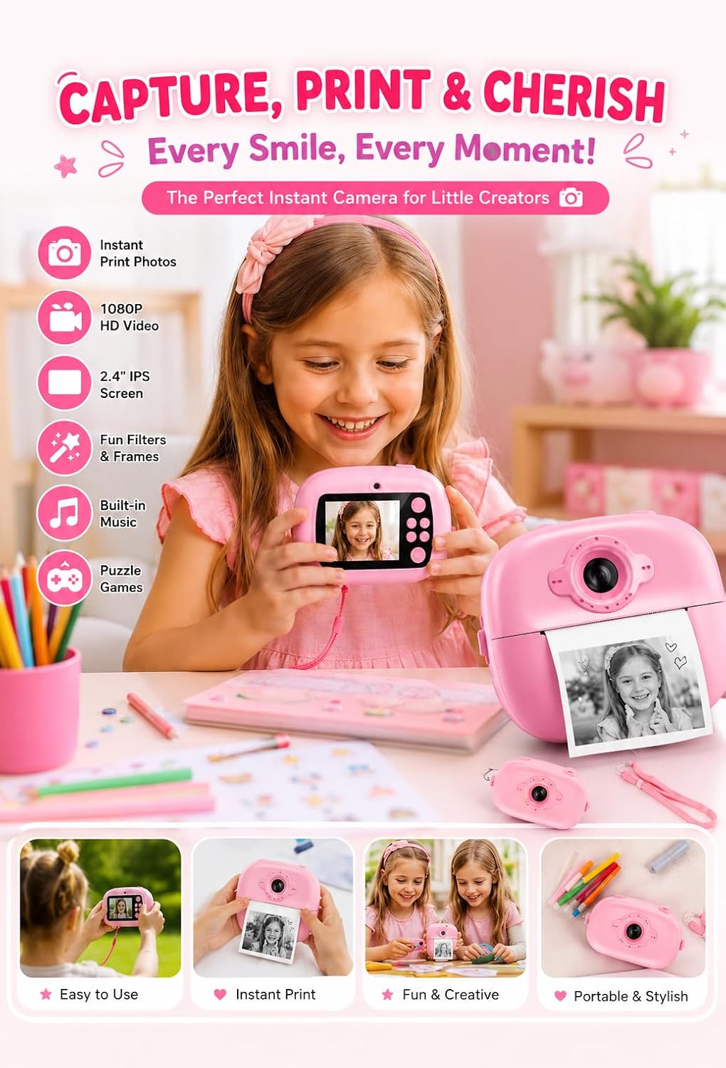 Pink Kids Instant Print Camera with Thermal Printing | 1080P HD Digital Camera for Kids with Selfie Camera, 2 Paper Rolls & Colour Pens