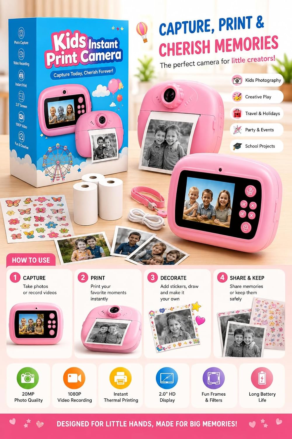 Pink Kids Instant Print Camera with Thermal Printing | 1080P HD Digital Camera for Kids with Selfie Camera, 2 Paper Rolls & Colour Pens
