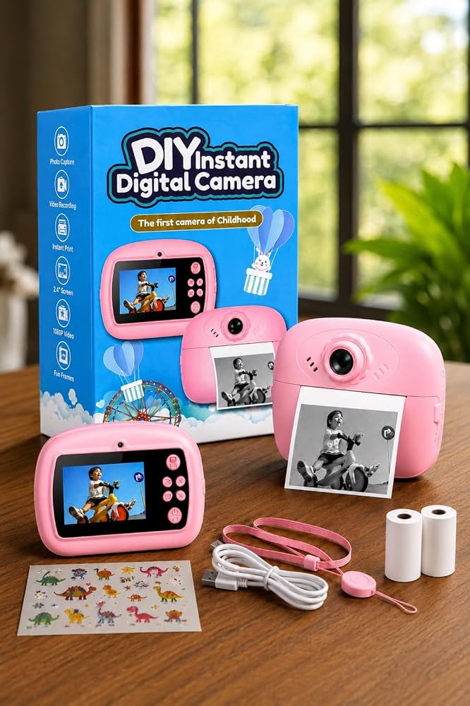 Pink Kids Instant Print Camera with Thermal Printing | 1080P HD Digital Camera for Kids with Selfie Camera, 2 Paper Rolls & Colour Pens