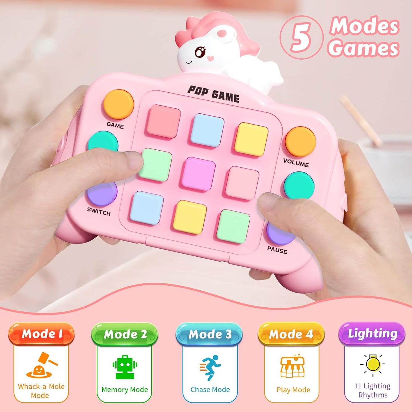 Fast Push Pop Game Console – Pink Dinosaur Light-Up Fidget Toy with 6 Game Modes for Kids