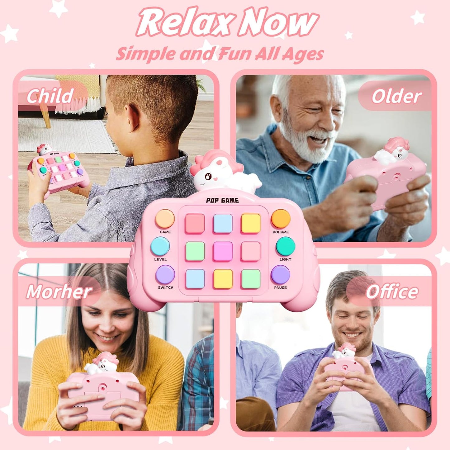 Fast Push Pop Game Console – Pink Dinosaur Light-Up Fidget Toy with 6 Game Modes for Kids