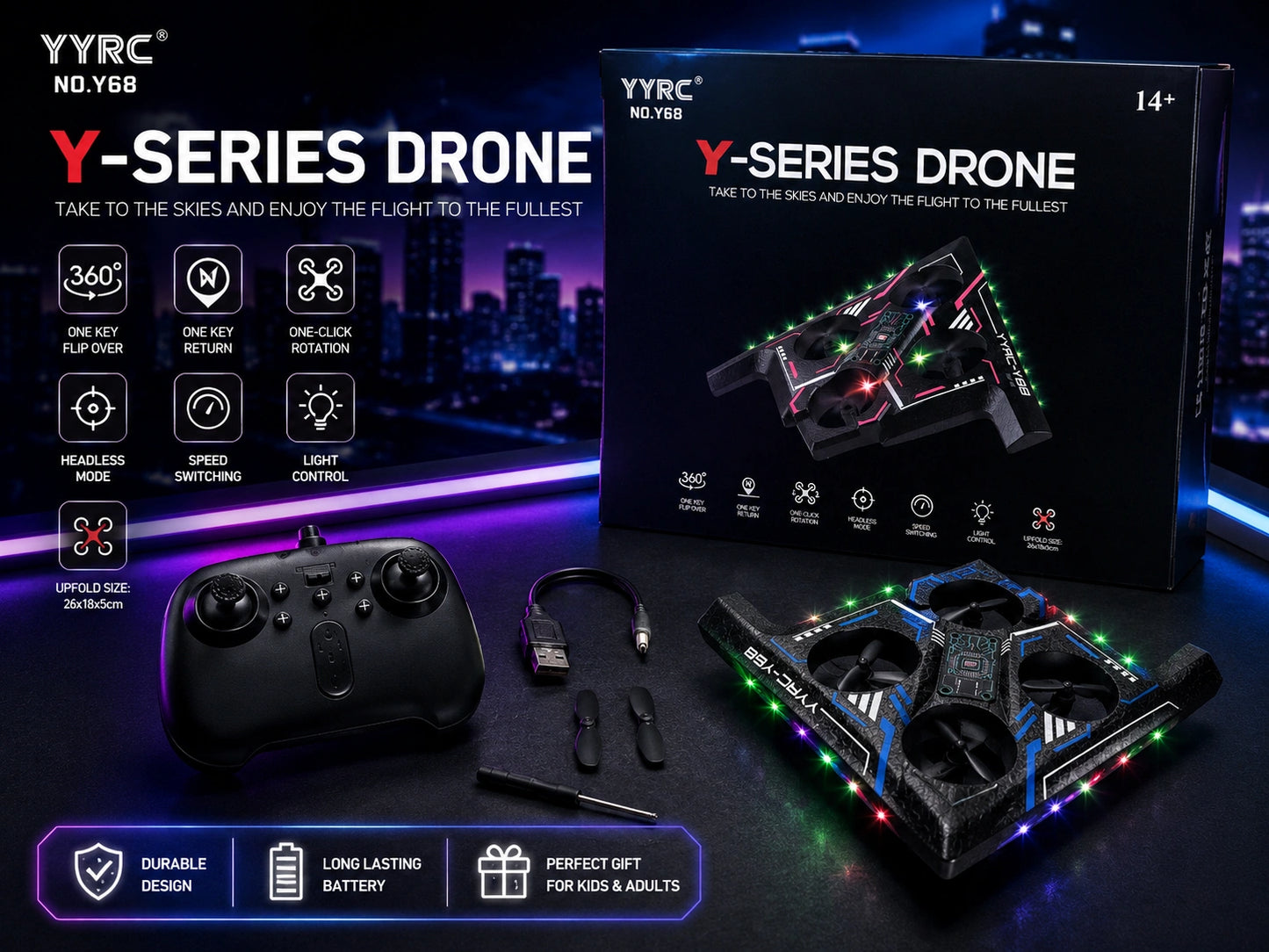 YYRC Y-Series Y68 RC Drone with LED Lights – 360° Flip, Headless Mode & One-Key Return (Rechargeable)