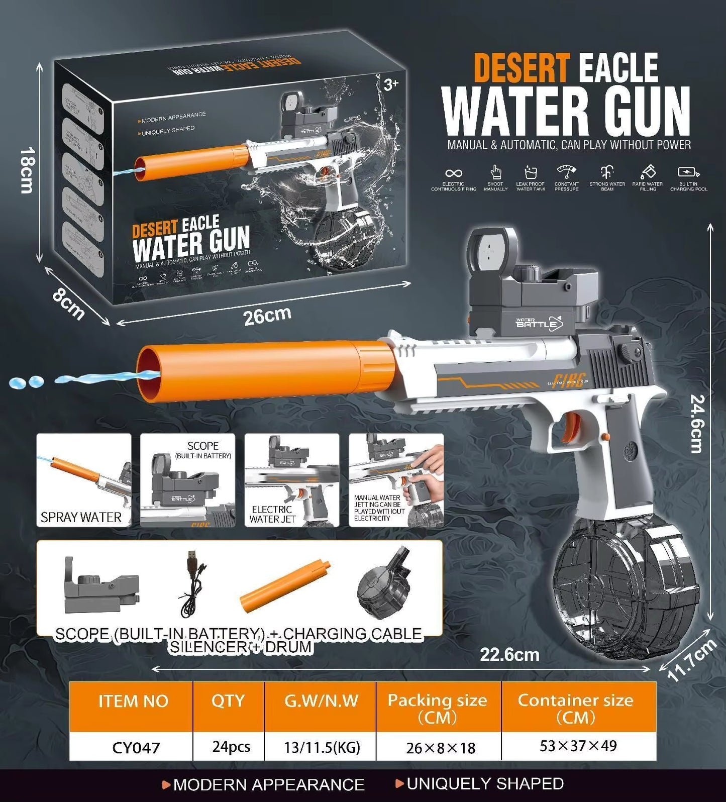 2-in-1 Desert Eagle Electric Water Gun – Automatic & Manual Rechargeable Water Blaster with Drum Magazine