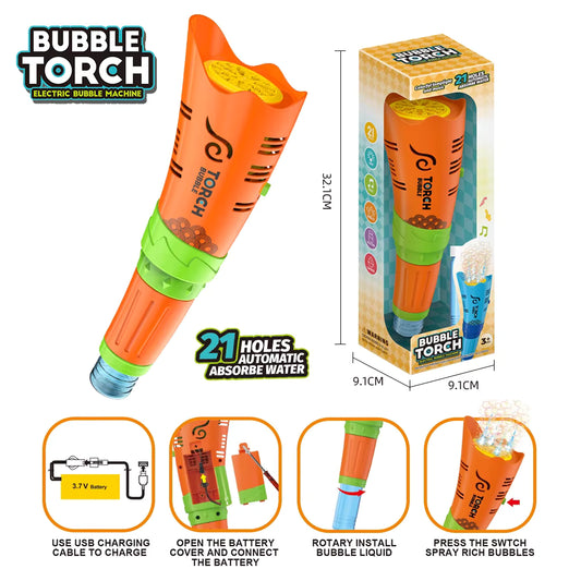 Bubble Torch Electric Bubble Blower Gun for Kids – 21 Holes Automatic Bubble Machine with LED Lights & Music