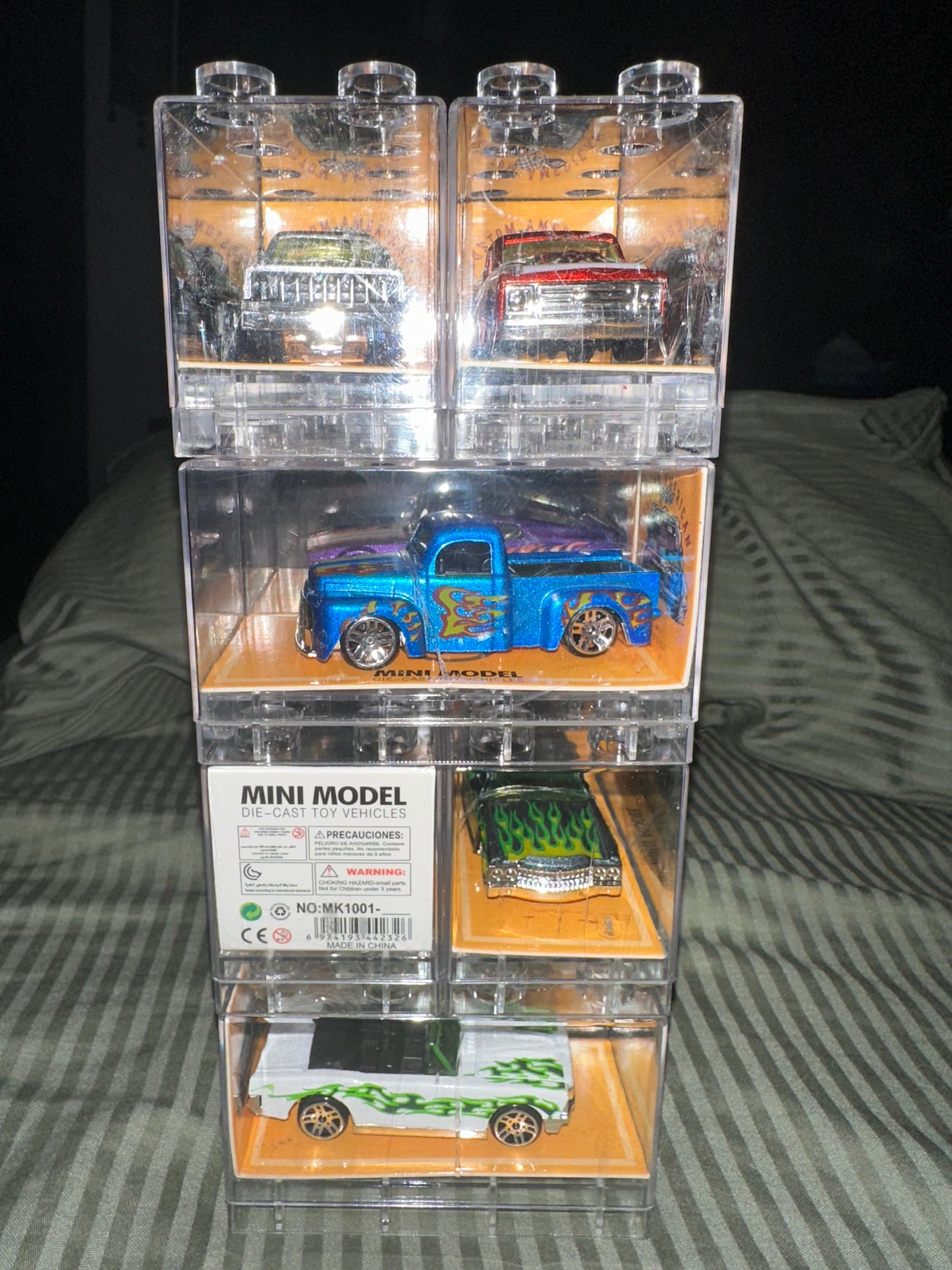 Assorted Die-Cast Cars in LEGO-Style Stackable Clear Display Case – High Detail Collectible Showroom & Room Decor Model Set