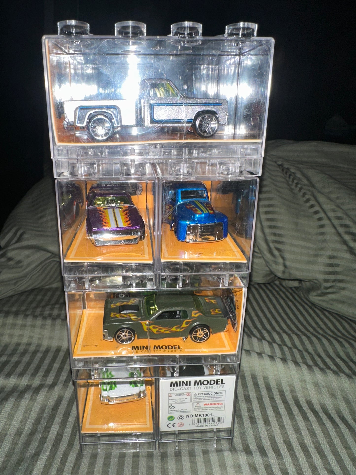Assorted Die-Cast Cars in LEGO-Style Stackable Clear Display Case – High Detail Collectible Showroom & Room Decor Model Set