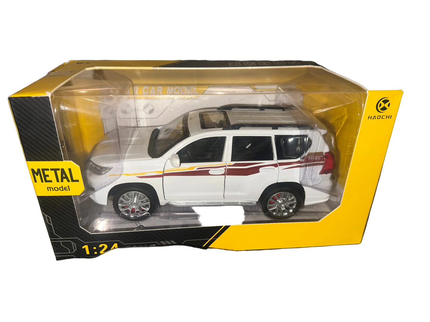 1:24 Die-Cast Toyota Land Cruiser Prado Model Car – Pull-Back Action with Light & Sound (Haochi) | White Off-Road SUV Toy