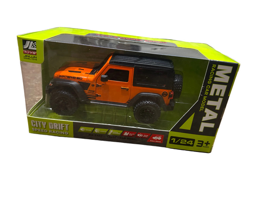 1:24 Die Cast Off-Road SUV Toy Car | Pull Back Metal Jeep Model with Lights, Sound & Opening Doors (Orange)