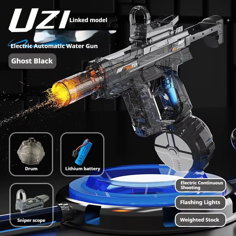 Electric Rechargeable Rapid-Fire Water Gun Blaster with Drum Magazine, Sniper Scope & Light-Up Nozzle – Long Range Battle Toy