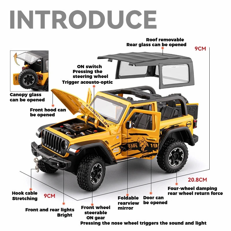 Jeep Wrangler Rubicon 1:24 Die-Cast Model Car with Lights, Sounds, Pull-Back Action & Tow Hook