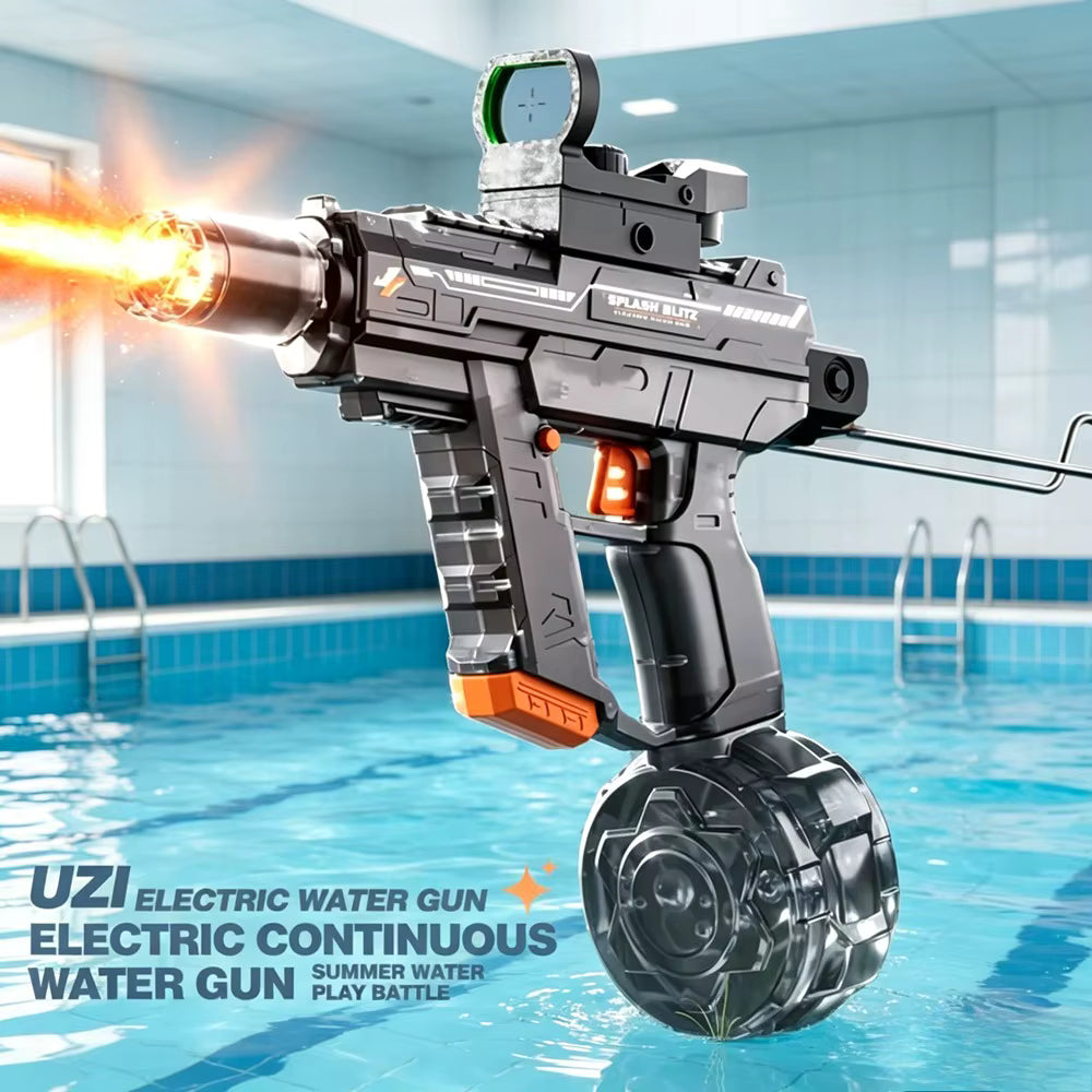 Electric Rechargeable Rapid-Fire Water Gun Blaster with Drum Magazine, Sniper Scope & Light-Up Nozzle – Long Range Battle Toy