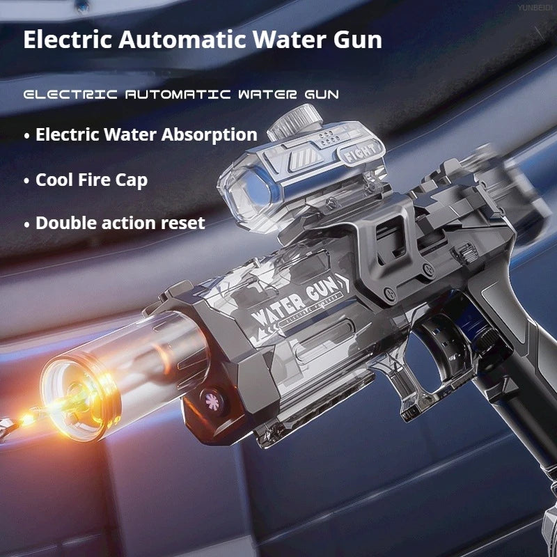 Electric Rechargeable Rapid-Fire Water Gun Blaster with Drum Magazine, Sniper Scope & Light-Up Nozzle – Long Range Battle Toy