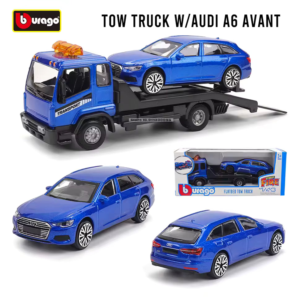 Bburago Audi A6 Avant Flatbed Transporter 1:43 Die-Cast Model Set – Official Licensed