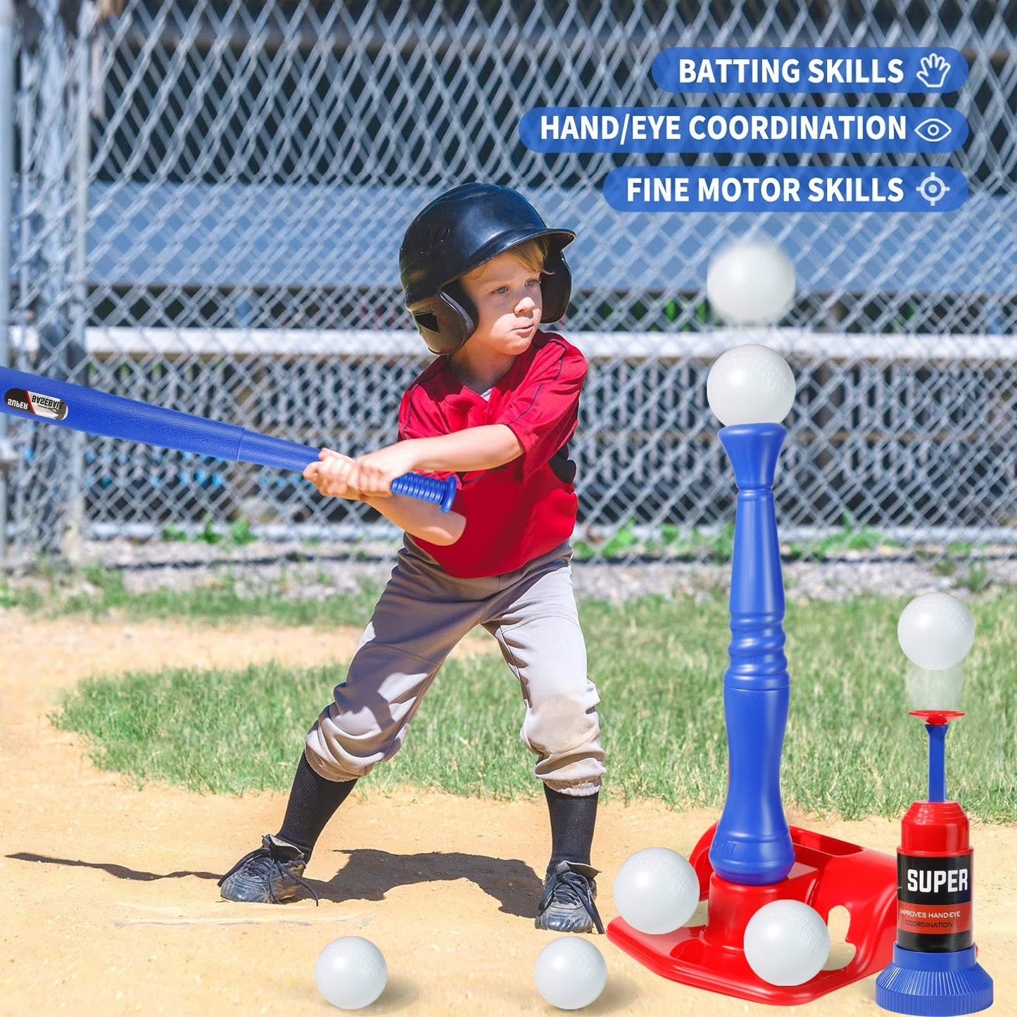 2-in-1 Kids Baseball T-Ball Set with Automatic Ball Launcher, Bat & 6 Balls