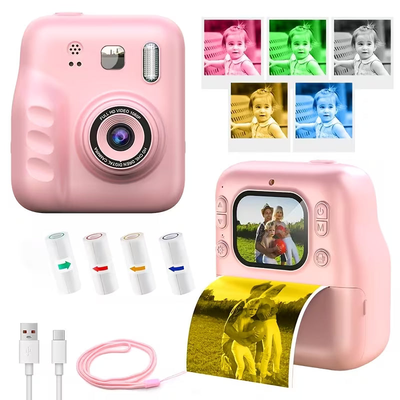 Pink Kids Instant Print Camera with HD Screen & Thermal Printing | 1080P HD Digital Camera for Kids with Dual Selfie Camera (Pink)