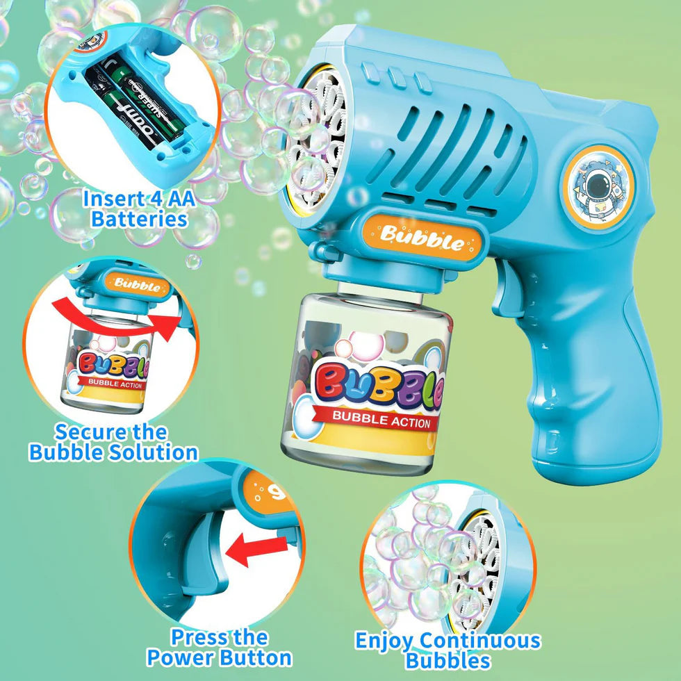 10-Hole Cartoon Bubble Machine Gun with LED Lights – Automatic Bubble Blaster for Kids
