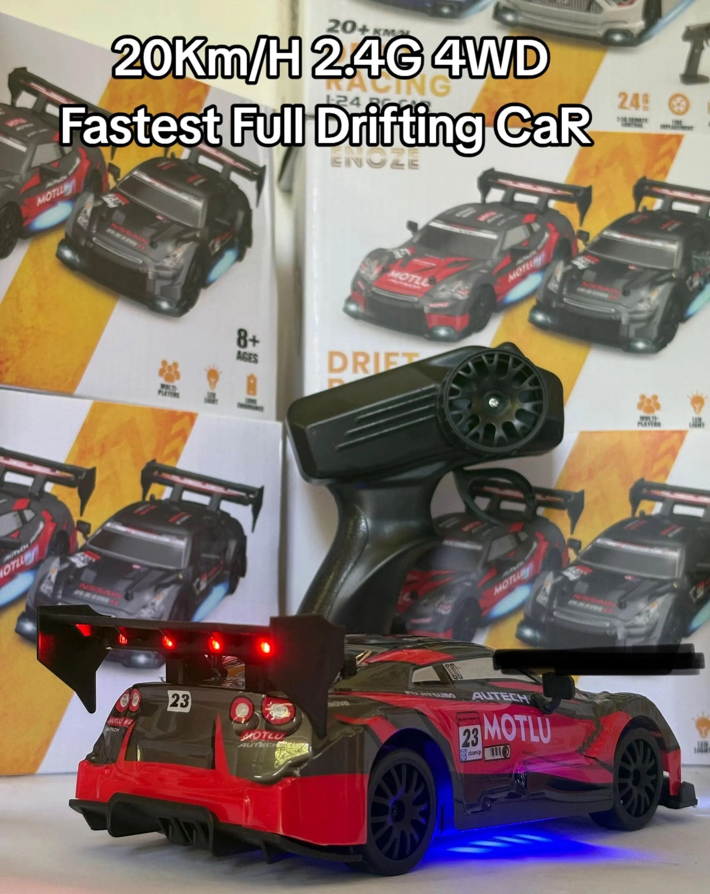 4WD Drift RC Car 1:24 High-Speed 20KM/H Remote Control Racing Car with LED Lights Black/Red
