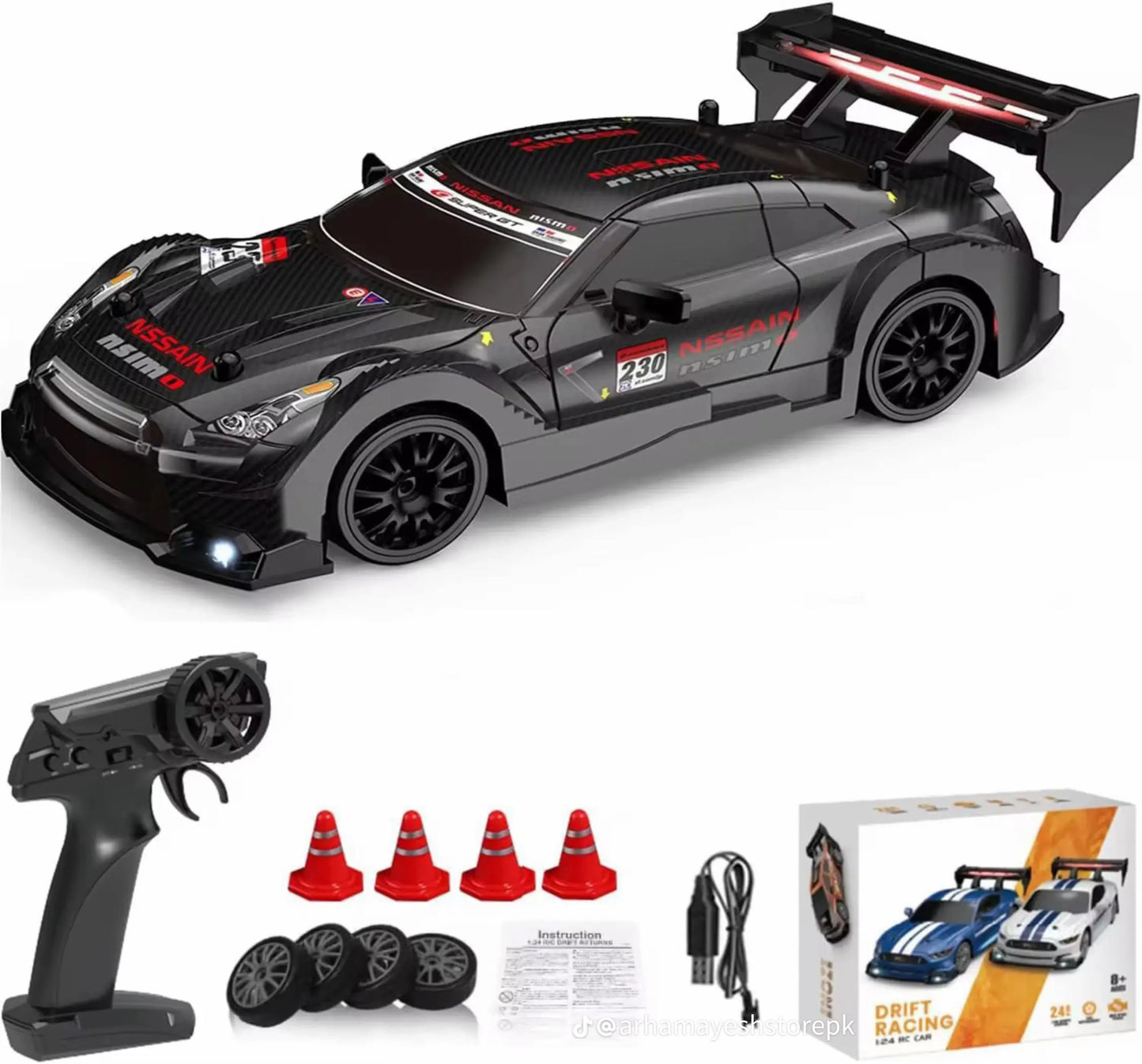 4WD Drift RC Car 1:24 High-Speed 20KM/H Remote Control Racing Car with LED Lights Black/Red