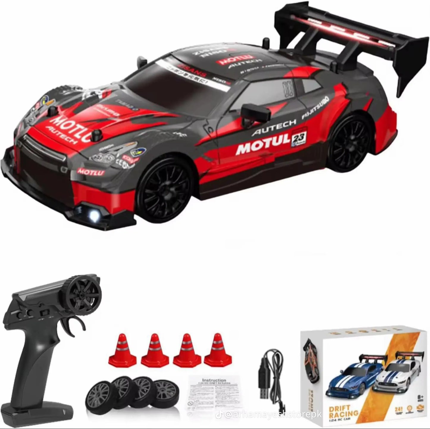 4WD Drift RC Car 1:24 High-Speed 20KM/H Remote Control Racing Car with LED Lights Black/Red